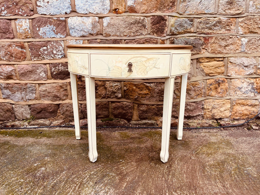 Chinese Lacquer Demi Lune Console Table – Hand Painted Cream Oriental Hall Table