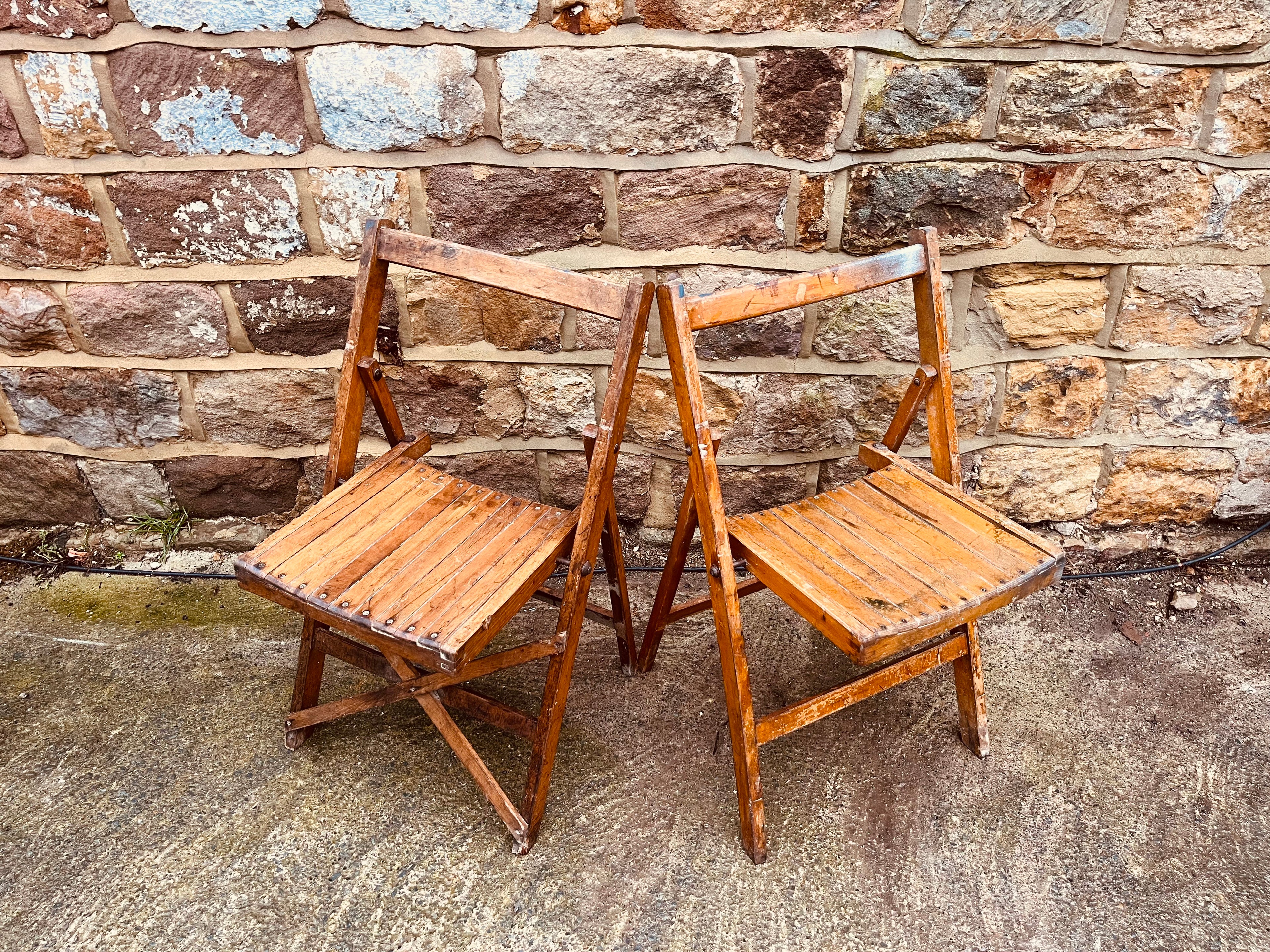 Pair of Vintage Wooden Folding Chairs – Rustic Slatted Seating | Cottage & Farmhouse Decor