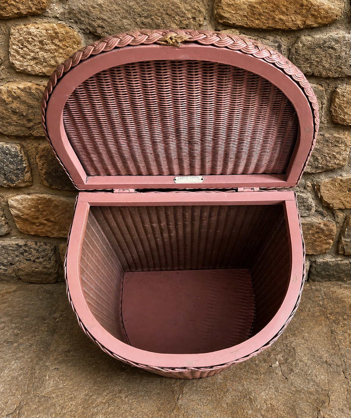 Vintage Lloyd Loom Pink Wicker Laundry Basket / Mid Century Storage Hamper