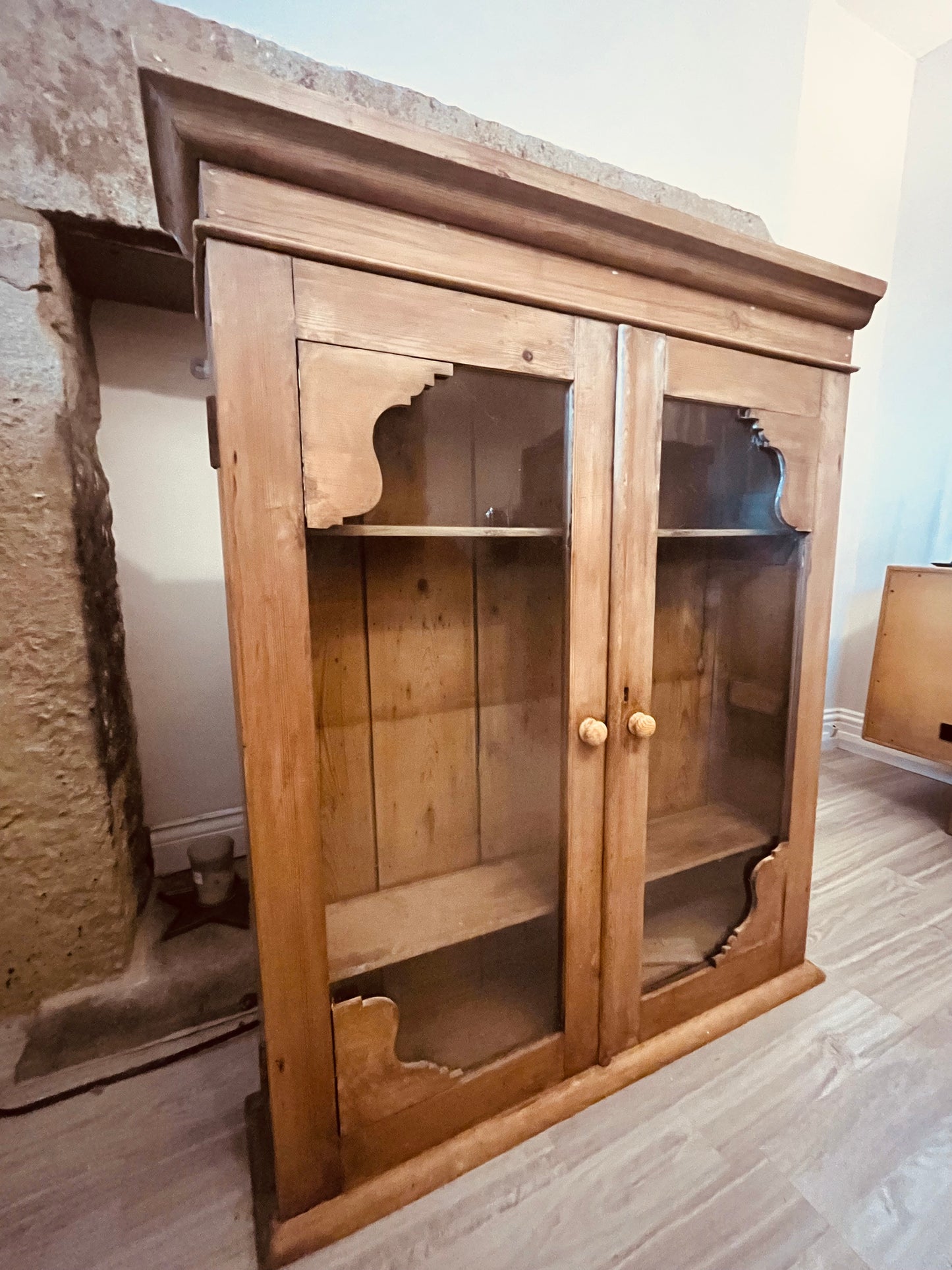 Antique Rustic Pine Glazed Cabinet – Glass Front Farmhouse Cupboard (c.1900–1915)