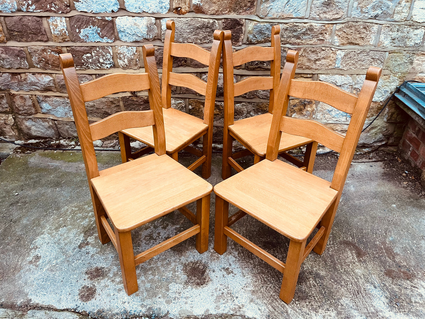 Set of Four Vintage Solid Oak Ladderback Dining Chairs