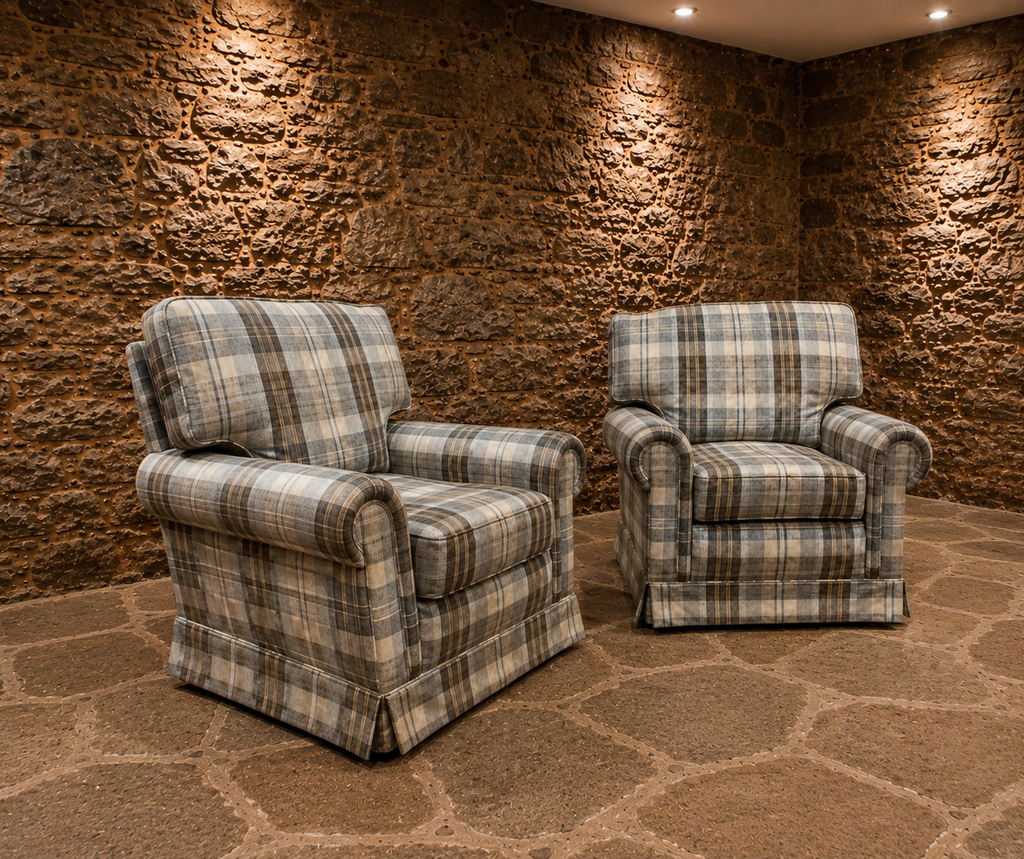 Pair of Vintage Country House Tartan Armchairs – Traditional Roll Arm Lounge Chairs
