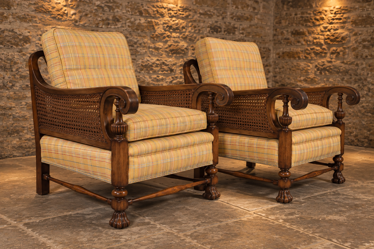 Pair of Antique 1930s Regency Revival Bergère Cane Armchairs