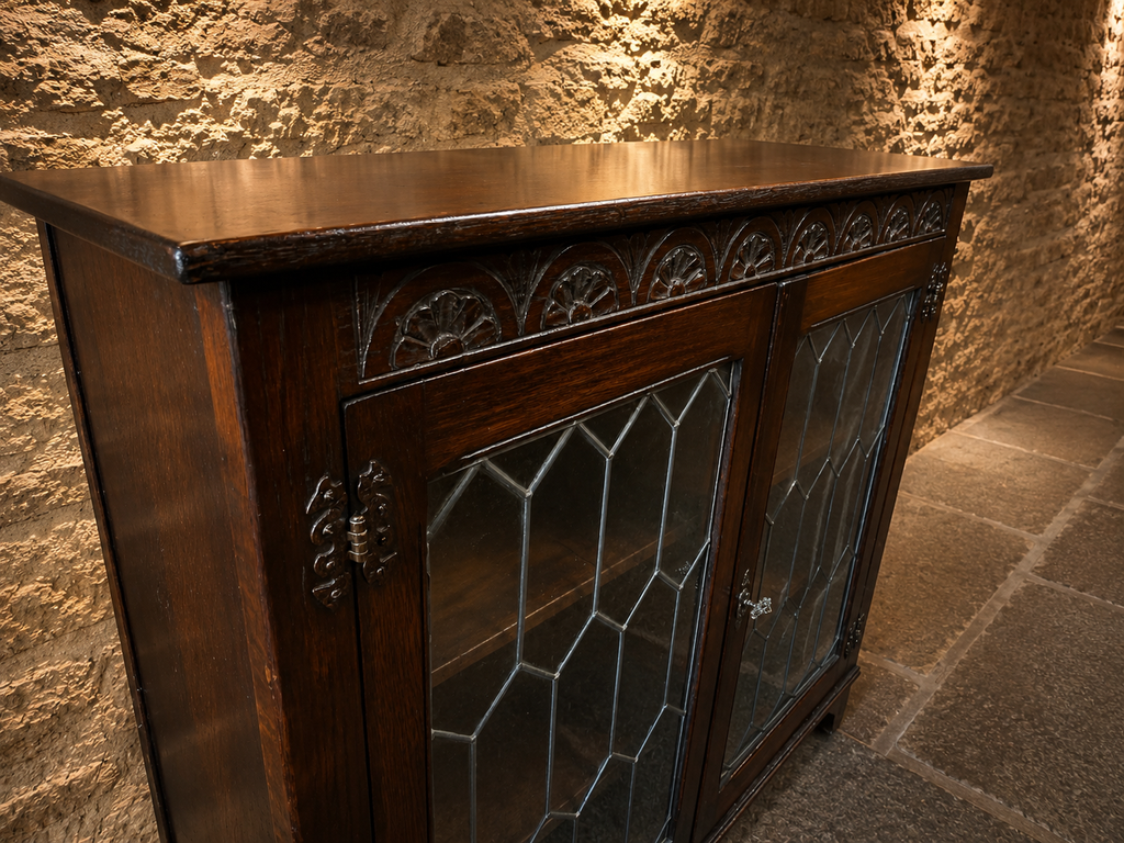 Vintage Oak Leaded Glass Display Cabinet | Gothic Revival Bookcase | Drinks Cabinet