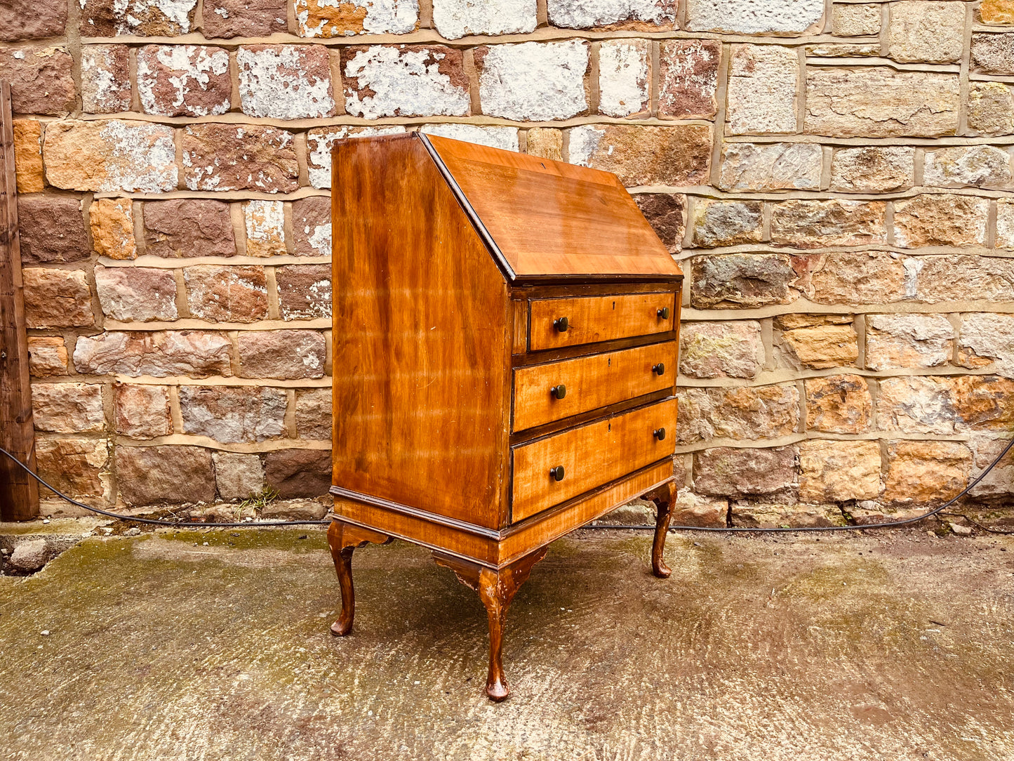 1930s Queen Anne Style Walnut Bureau Desk – Vintage Fall Front Writing Desk