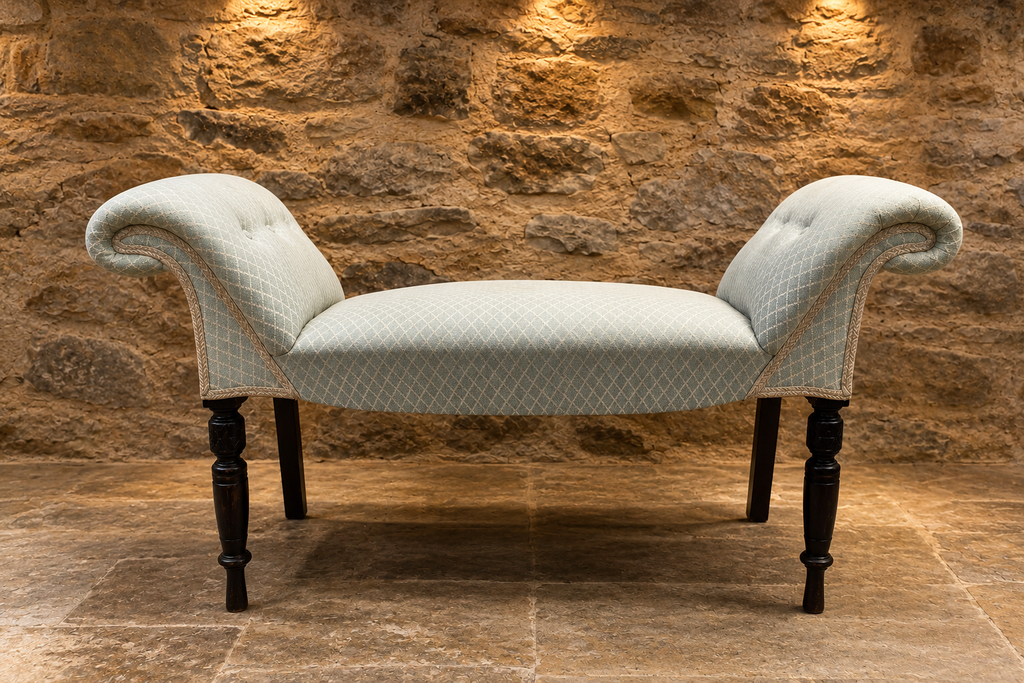 Antique Edwardian Upholstered Window Seat | Victorian Scroll End Bedroom Bench | Hall Bench | Ottoman Seat | Circa 1895–1915