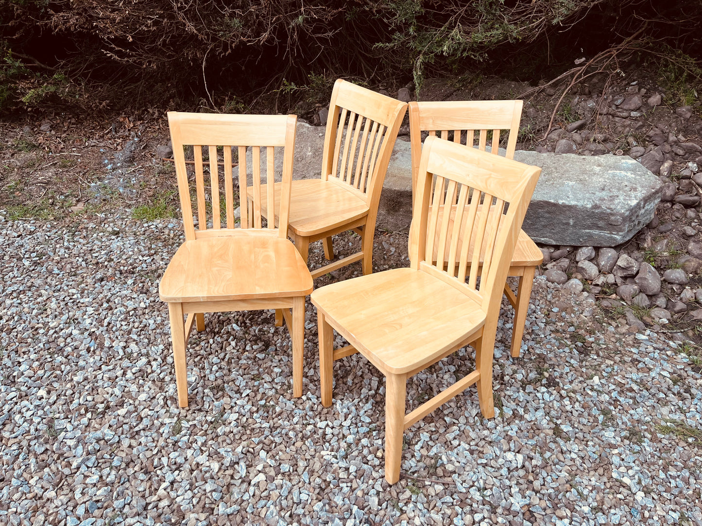 Set of Four Solid Wood Farmhouse Dining Chairs – Natural Wood Slat Back Kitchen Chairs