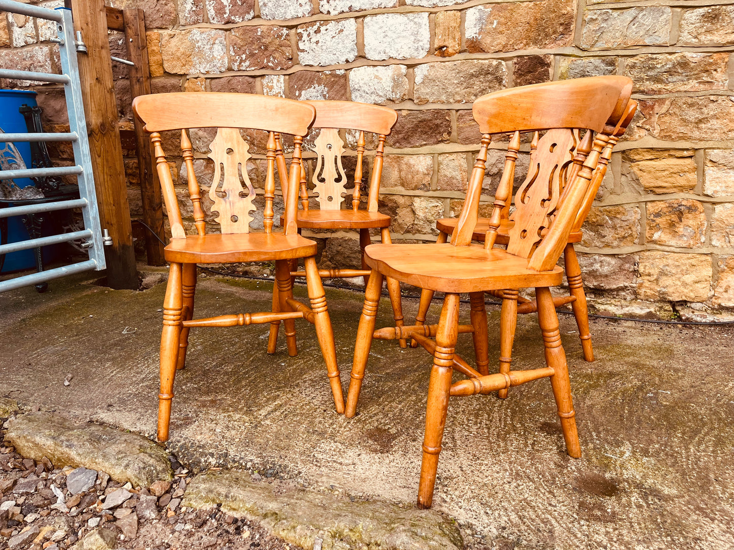 Set of Four Vintage Solid Oak Dining Chairs with Pierced Splat Backs