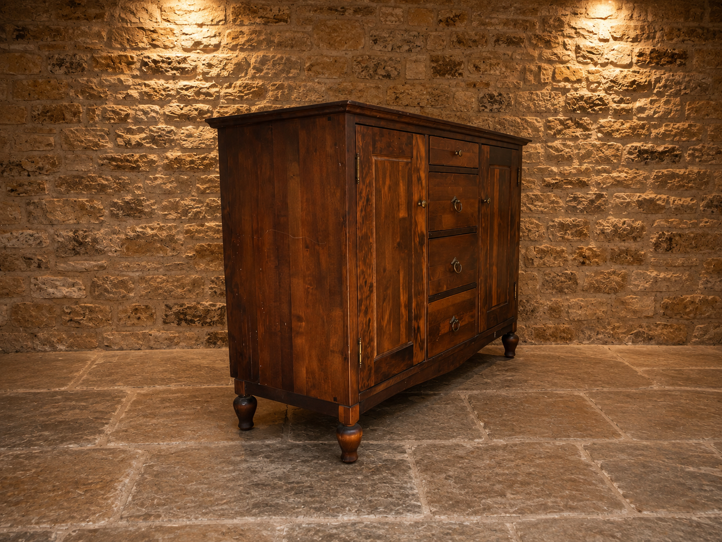 Vintage Rustic Hardwood Sideboard – Four Drawers & Double Cupboard Storage
