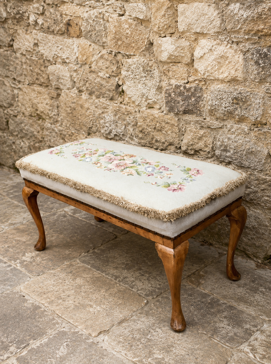 Vintage Queen Anne Style Upholstered Bench | Floral Needlepoint Piano Stool | Cottage Bedroom Seat | Traditional Footstool