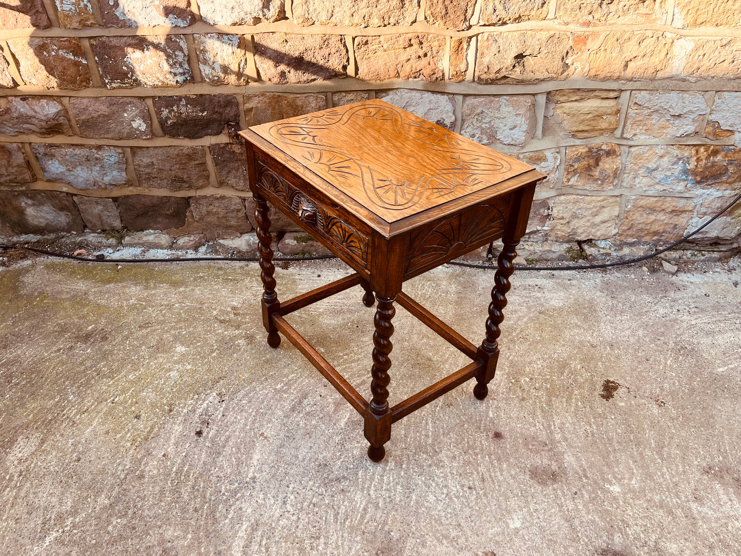 Antique Oak Barley Twist Side Table – Carved Drawer – Jacobean Revival Circa 1920s