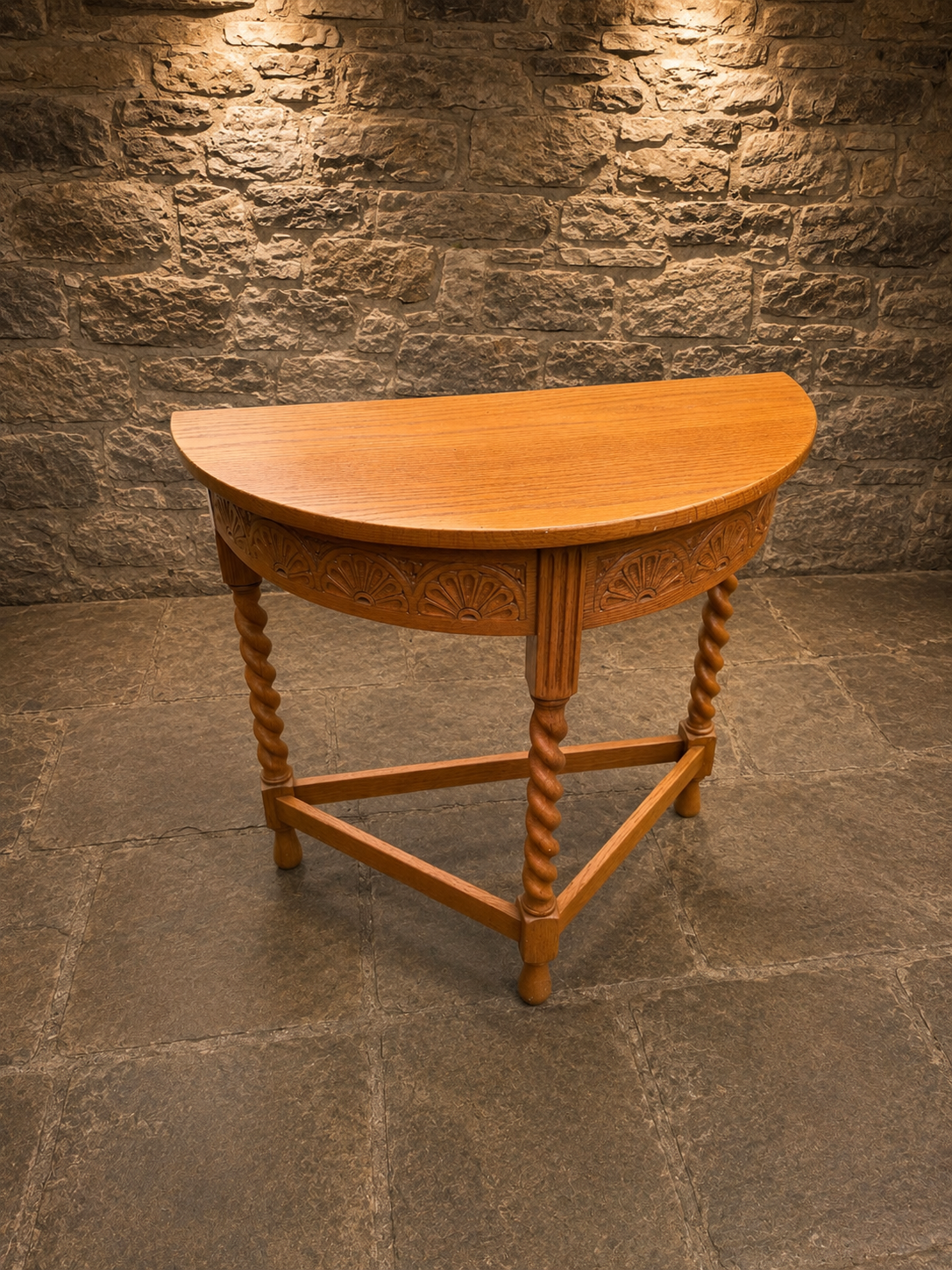 Antique 1930s Carved Solid Oak Demi-Lune Console Table