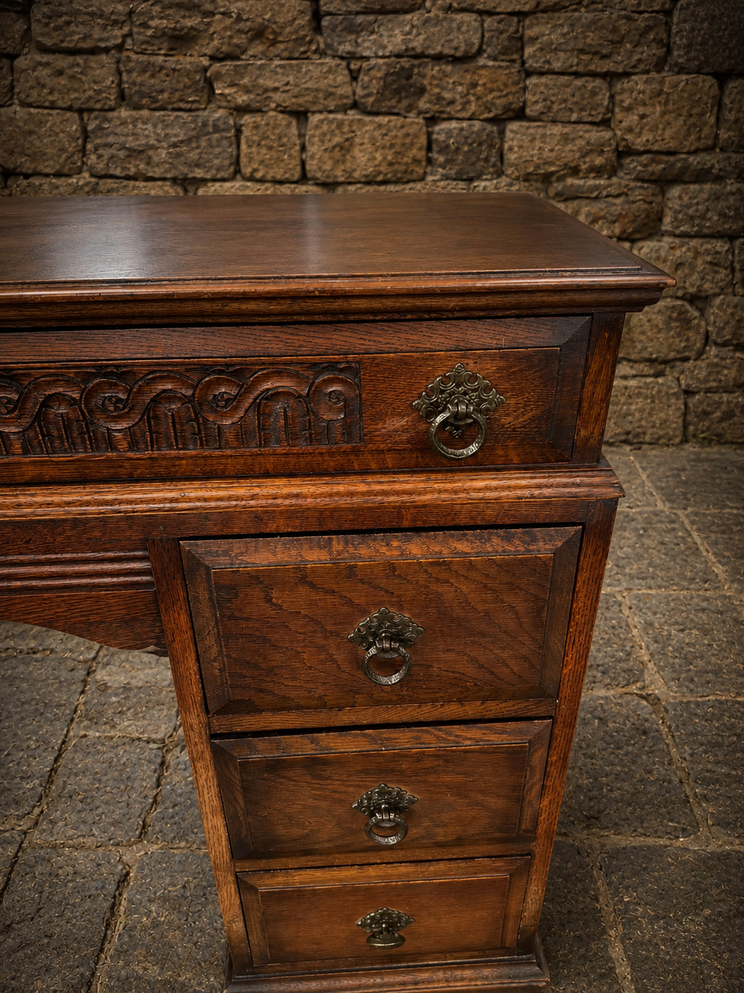 1930s Jacobean Revival Solid Oak Pedestal Desk