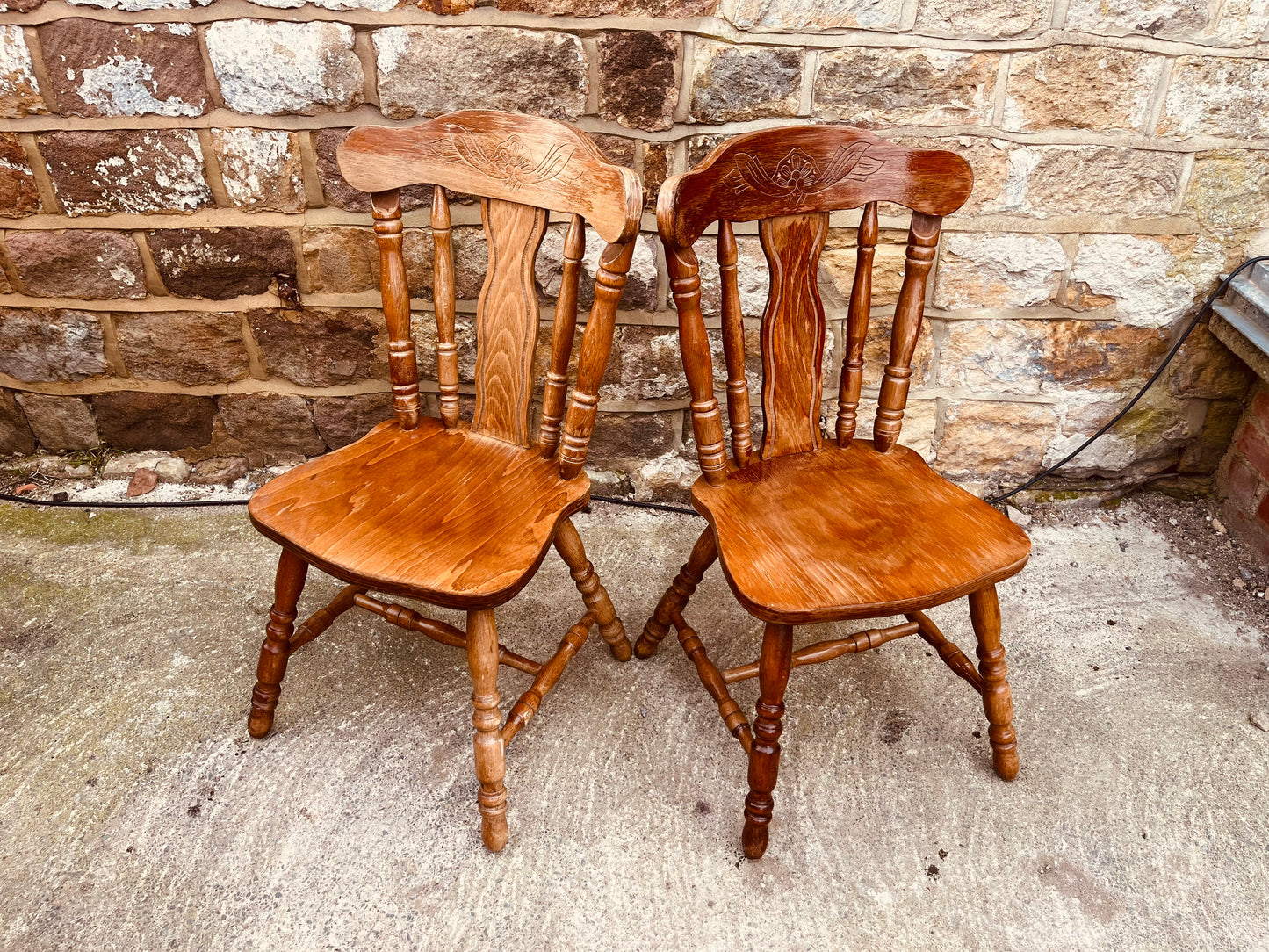 Vintage Farmhouse Solid Wood Kitchen Chairs – Pair of Rustic Country Dining Chairs