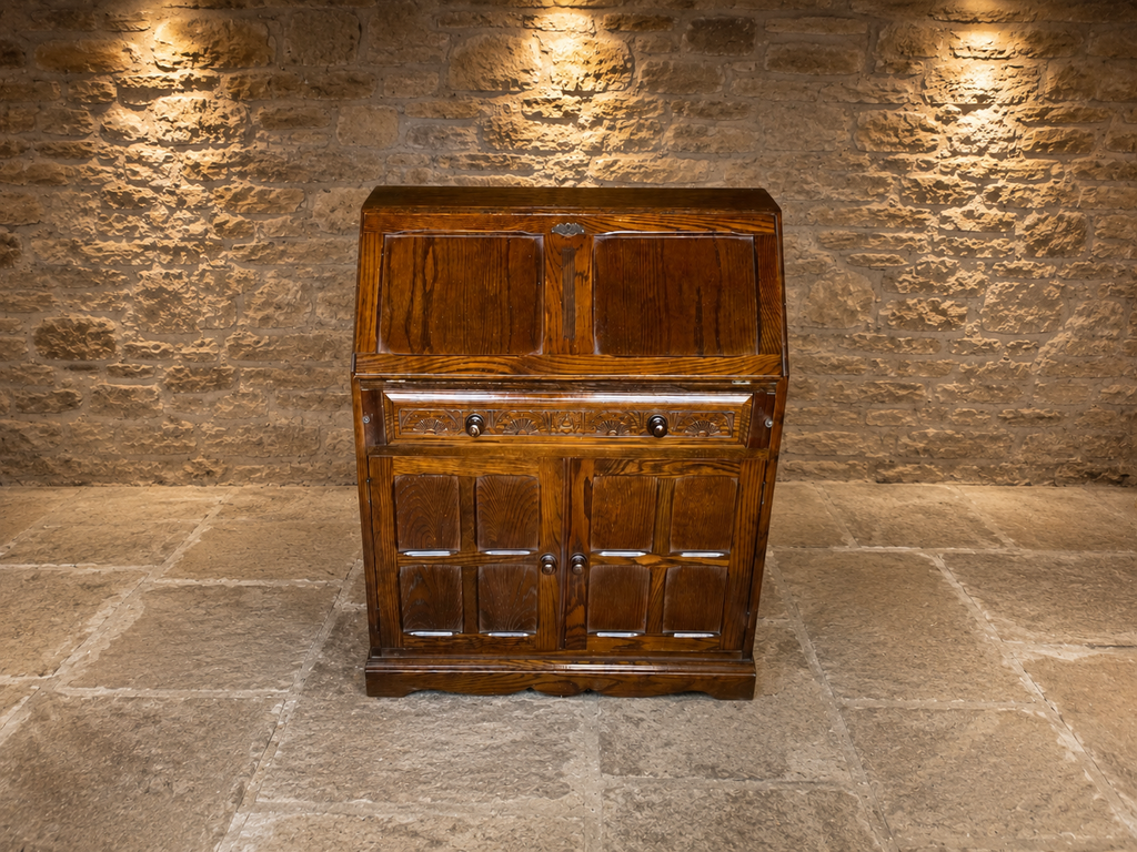 Vintage Solid Oak Jacobean Revival Bureau Cabinet with Drop Front Writing Desk