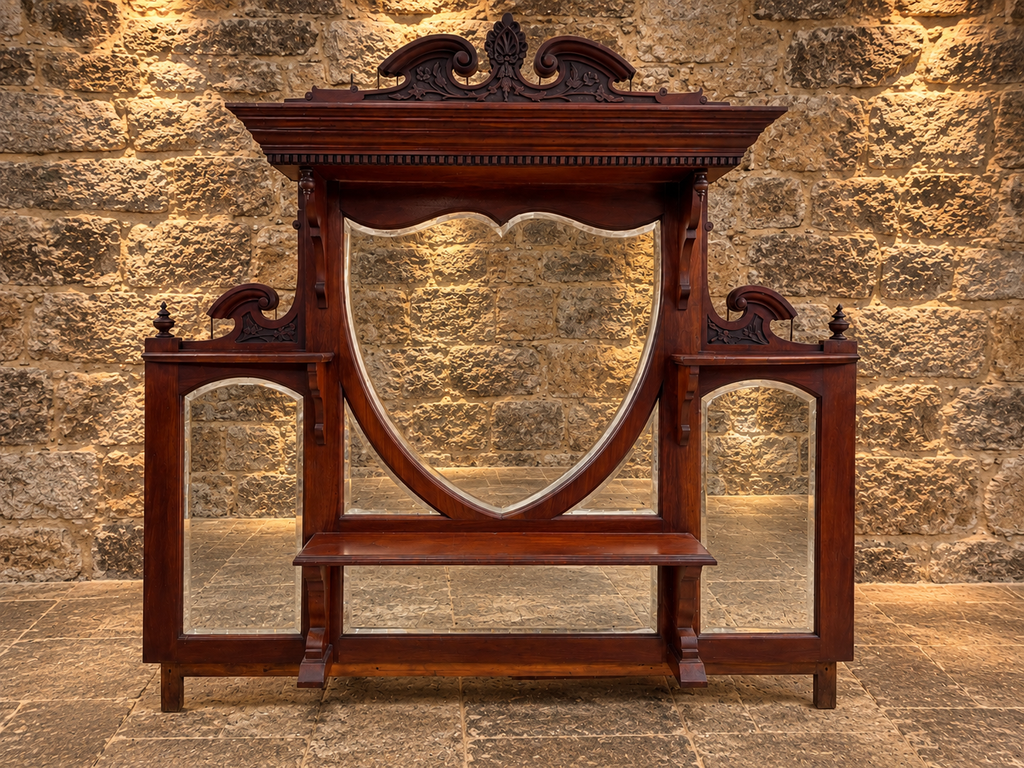 Antique Victorian Mahogany Overmantel Mirror c.1890 – Large Carved Bevelled Statement Mirror