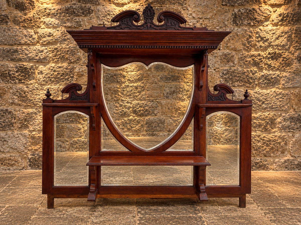 Antique Victorian Mahogany Overmantel Mirror c.1890 – Large Carved Bevelled Statement Mirror
