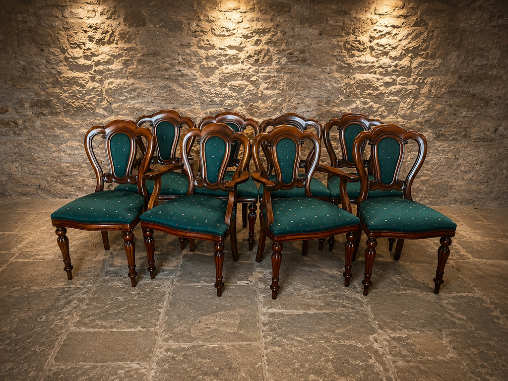 Victorian Set of 8 Solid Mahogany Balloon Back Dining Chairs | 6 Side Chairs & 2 Carvers | c.1860–1880