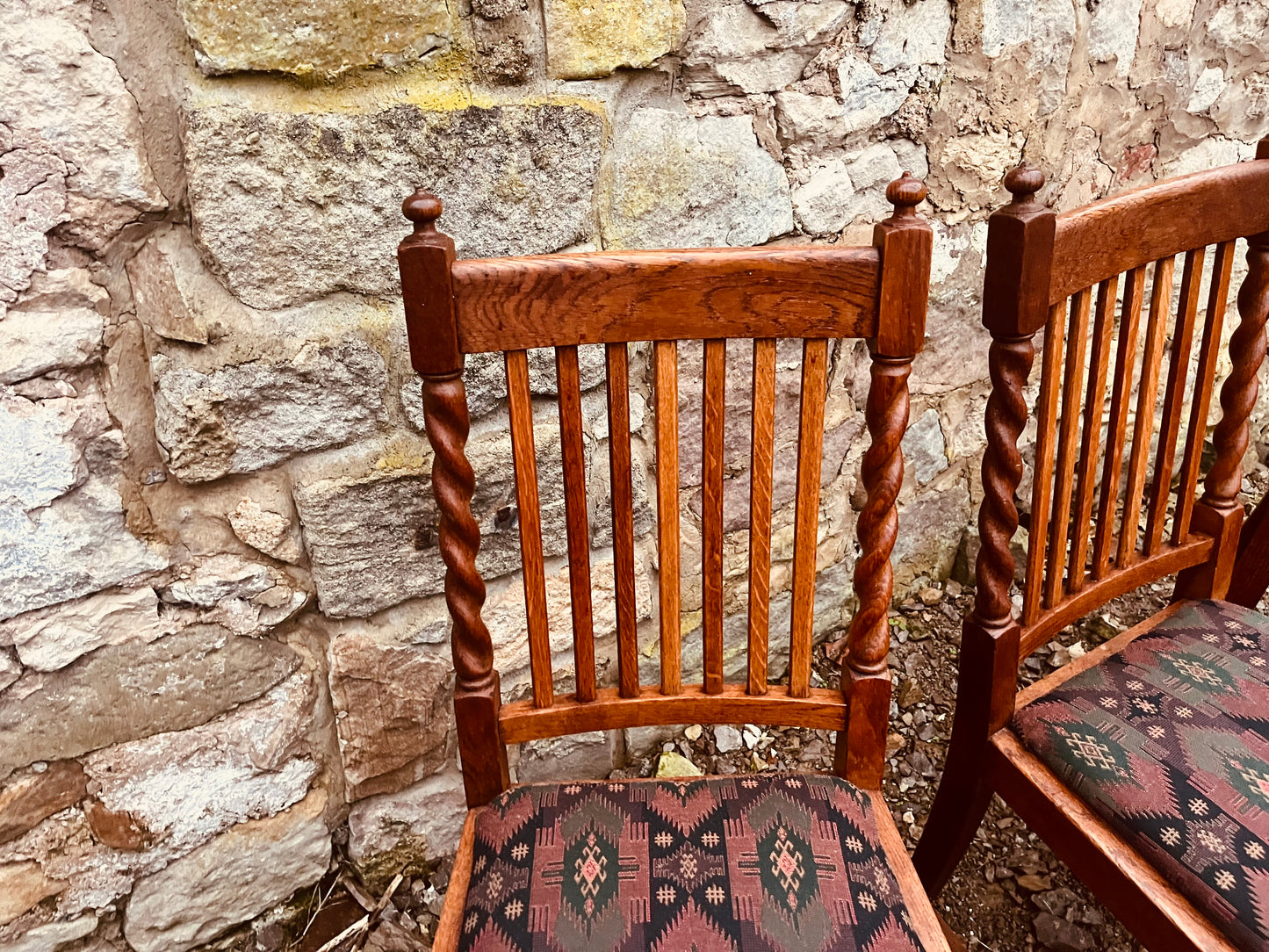 Vintage Dining Chairs – Set of 3 Oak Barley Twist Wooden Upholstered Chairs