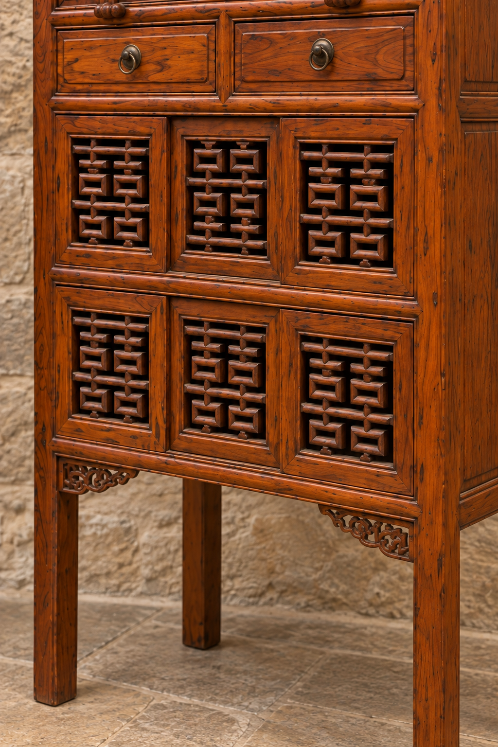 Vintage Chinese carved cabinet with lattice panels