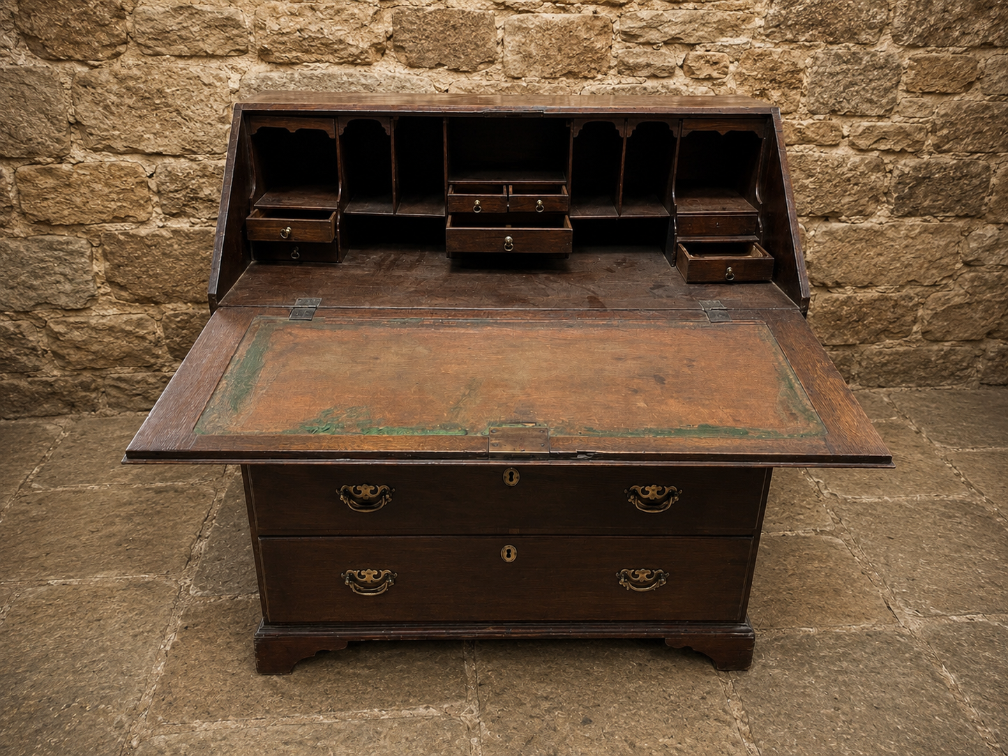 Vintage Oak Georgian Style Bureau Desk with Fitted Interior