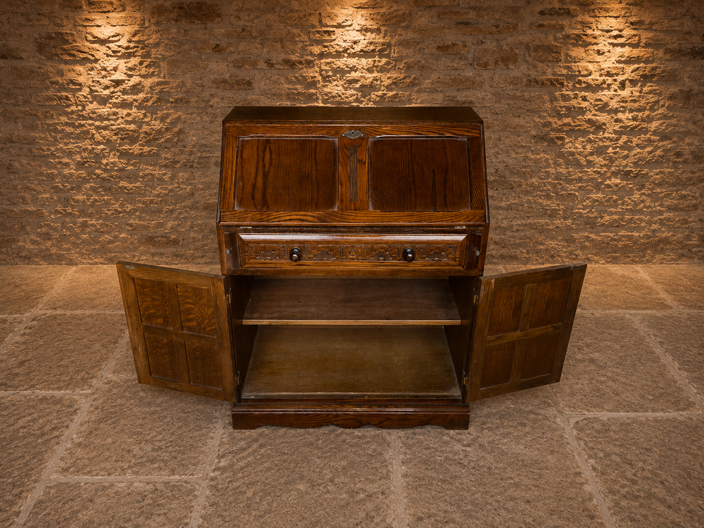 Vintage Solid Oak Jacobean Revival Bureau Cabinet with Drop Front Writing Desk