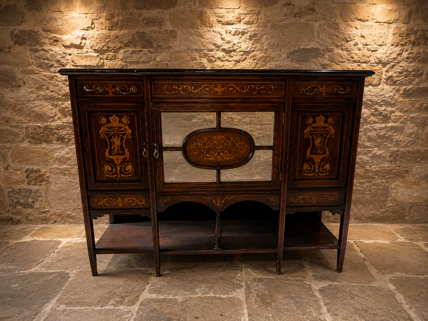 Antique Edwardian Inlaid Mahogany Sideboard c.1900–1915 | Marquetry Drinks Cabinet with Mirrored Doors