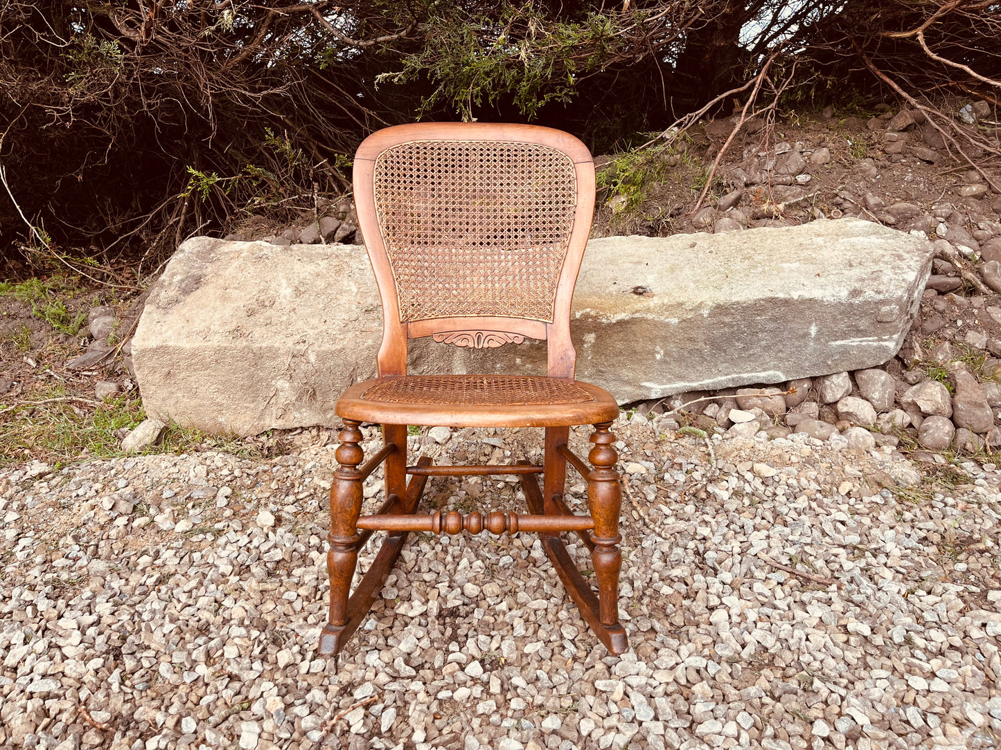 Antique Victorian Cane Rocking Chair – Rustic Wooden Farmhouse Rocker