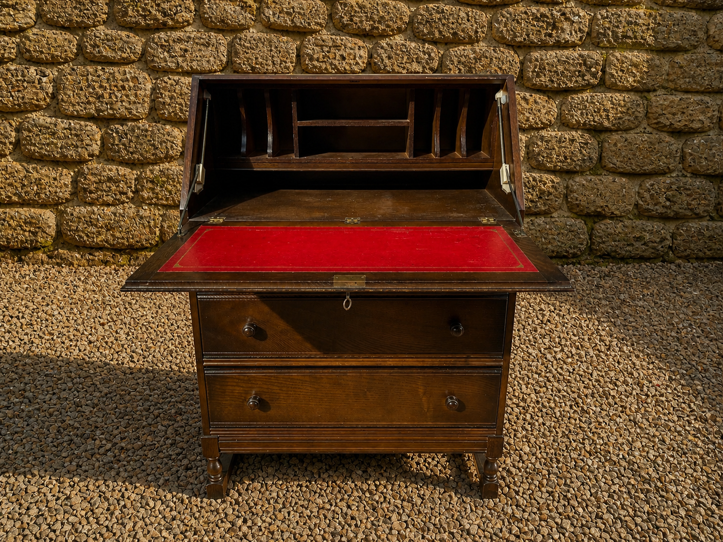Vintage Oak Writing Bureau Desk – Georgian Style Mid Century Fall Front Secretary with Storage