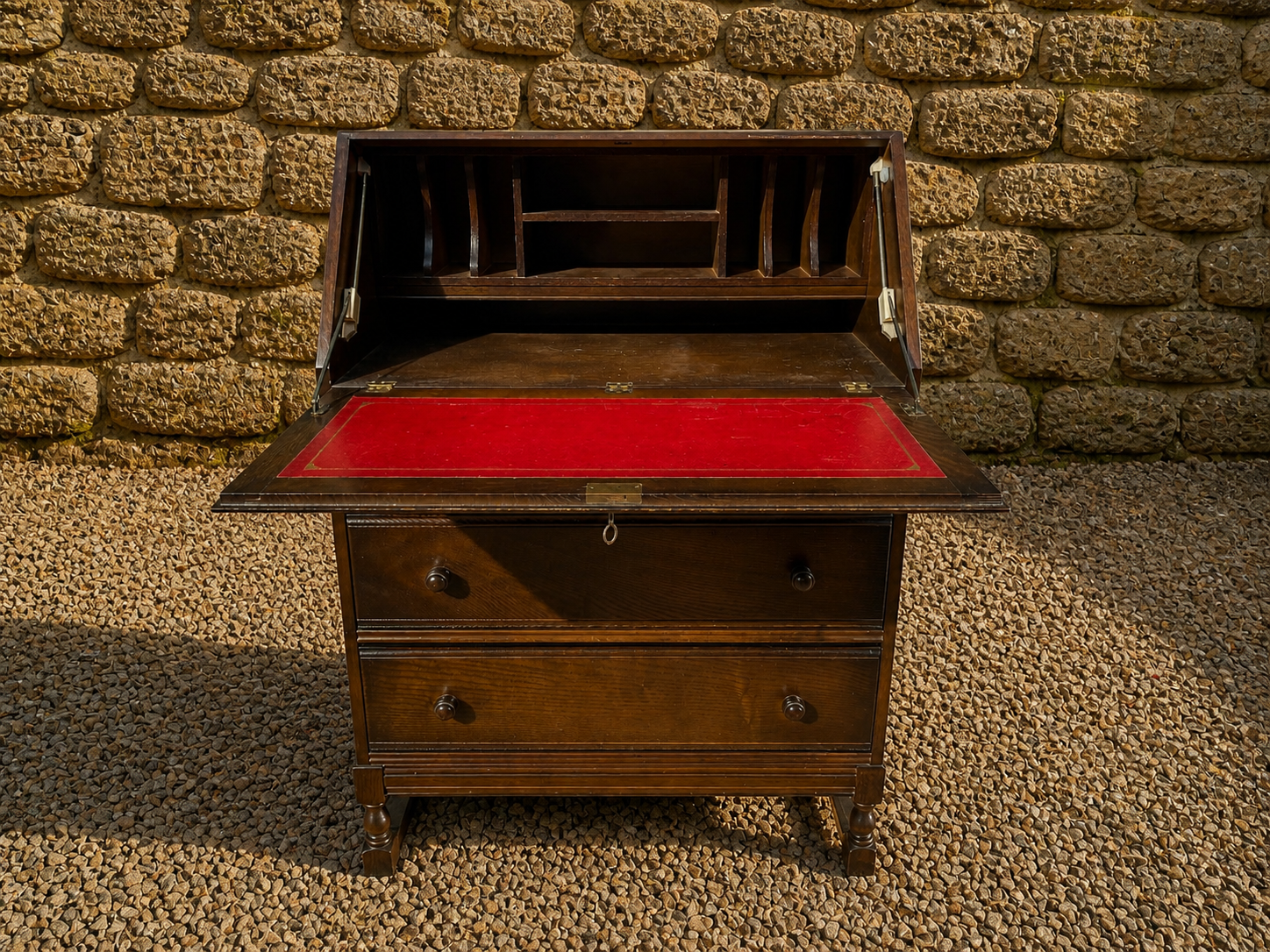Vintage Oak Writing Bureau Desk – Georgian Style Mid Century Fall Front Secretary with Storage