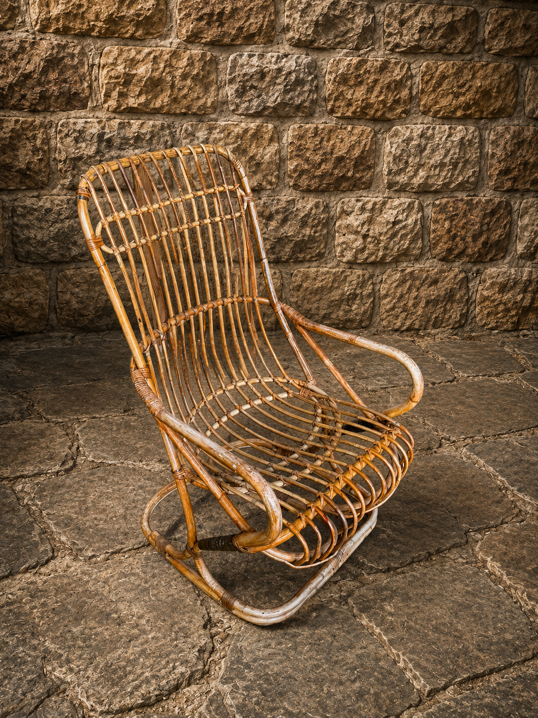 Vintage Rattan Rocking Chair – 1970s Boho Wicker Lounge Chair