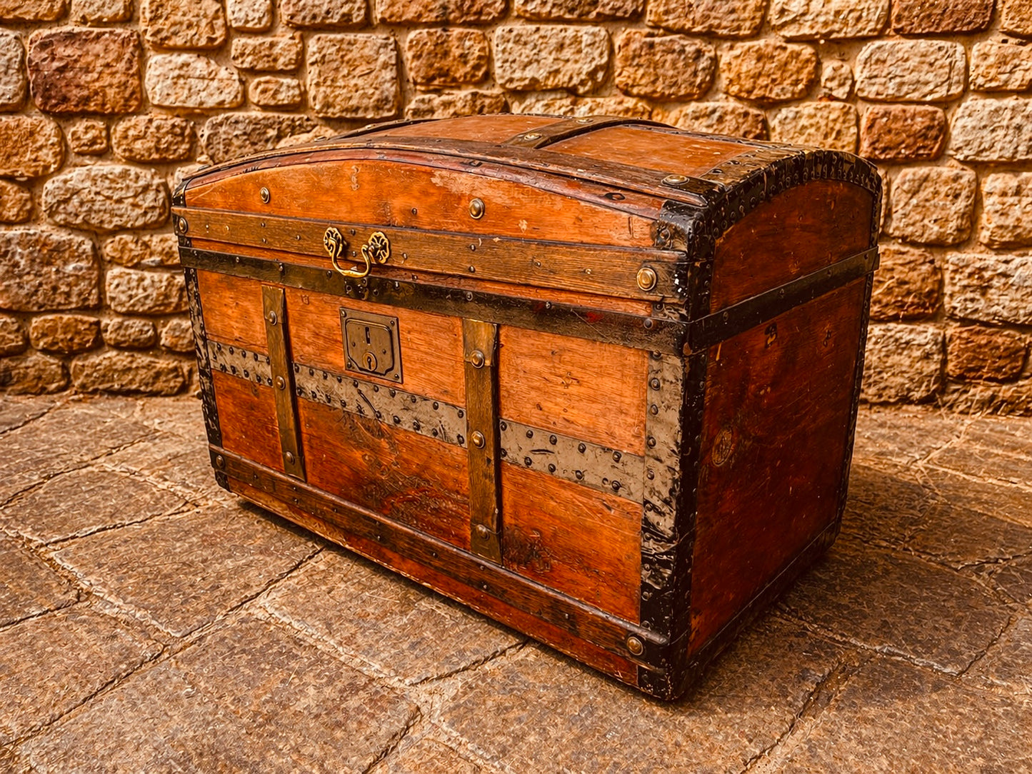 Late Victorian Domed Travel Trunk – Antique Wooden Chest with Iron Strapping