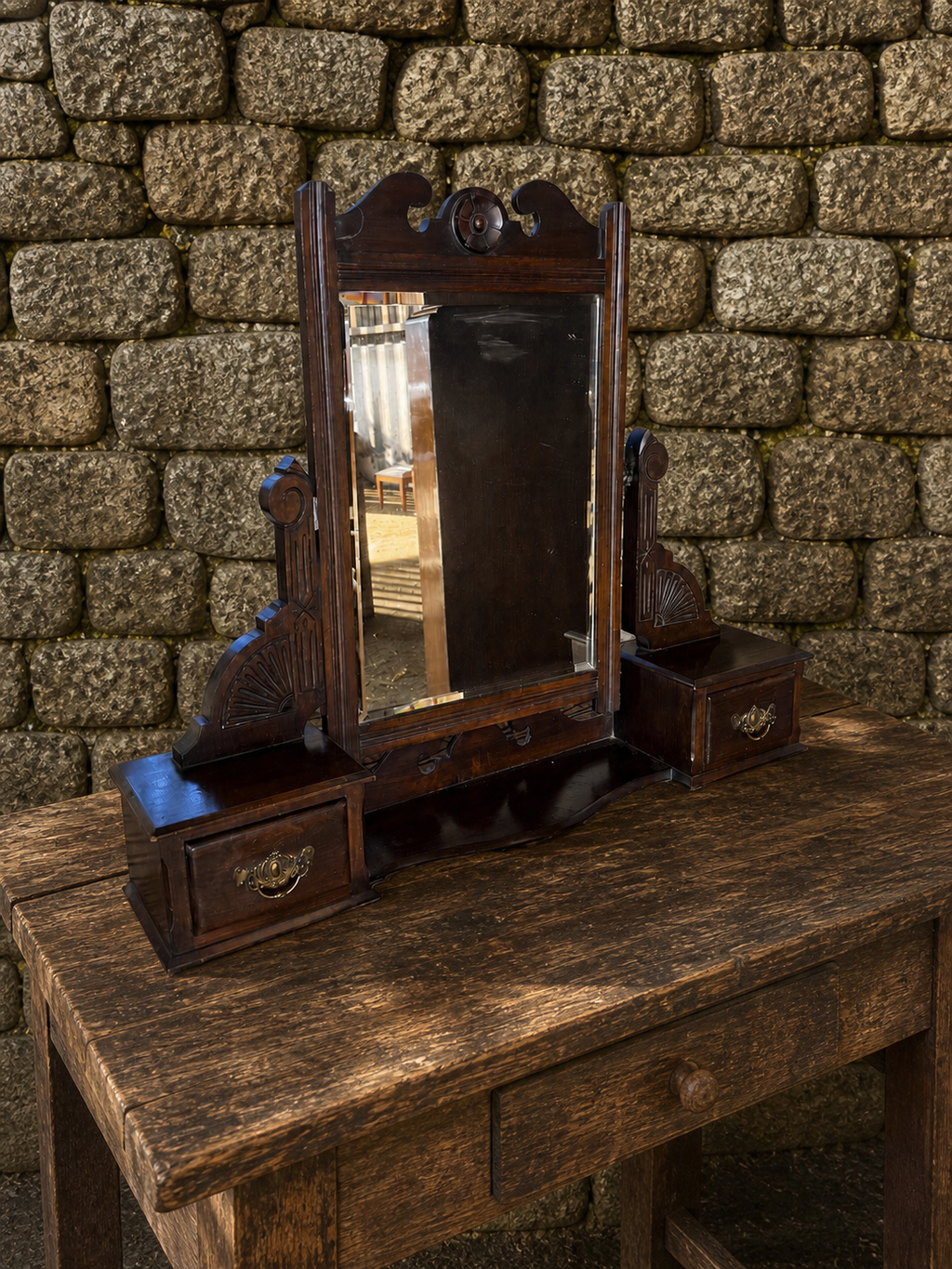 Edwardian Dressing Table Mirror with Drawers – Antique Wooden Vanity Swing Mirror (c.1900)