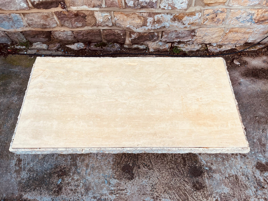 Raw Edge Travertine Stone Coffee Table – Solid Slab Minimalist Brutalist Design