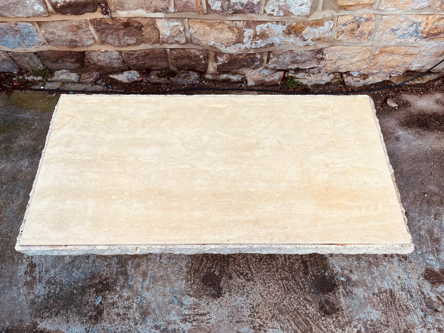 Raw Edge Travertine Stone Coffee Table – Solid Slab Minimalist Brutalist Design