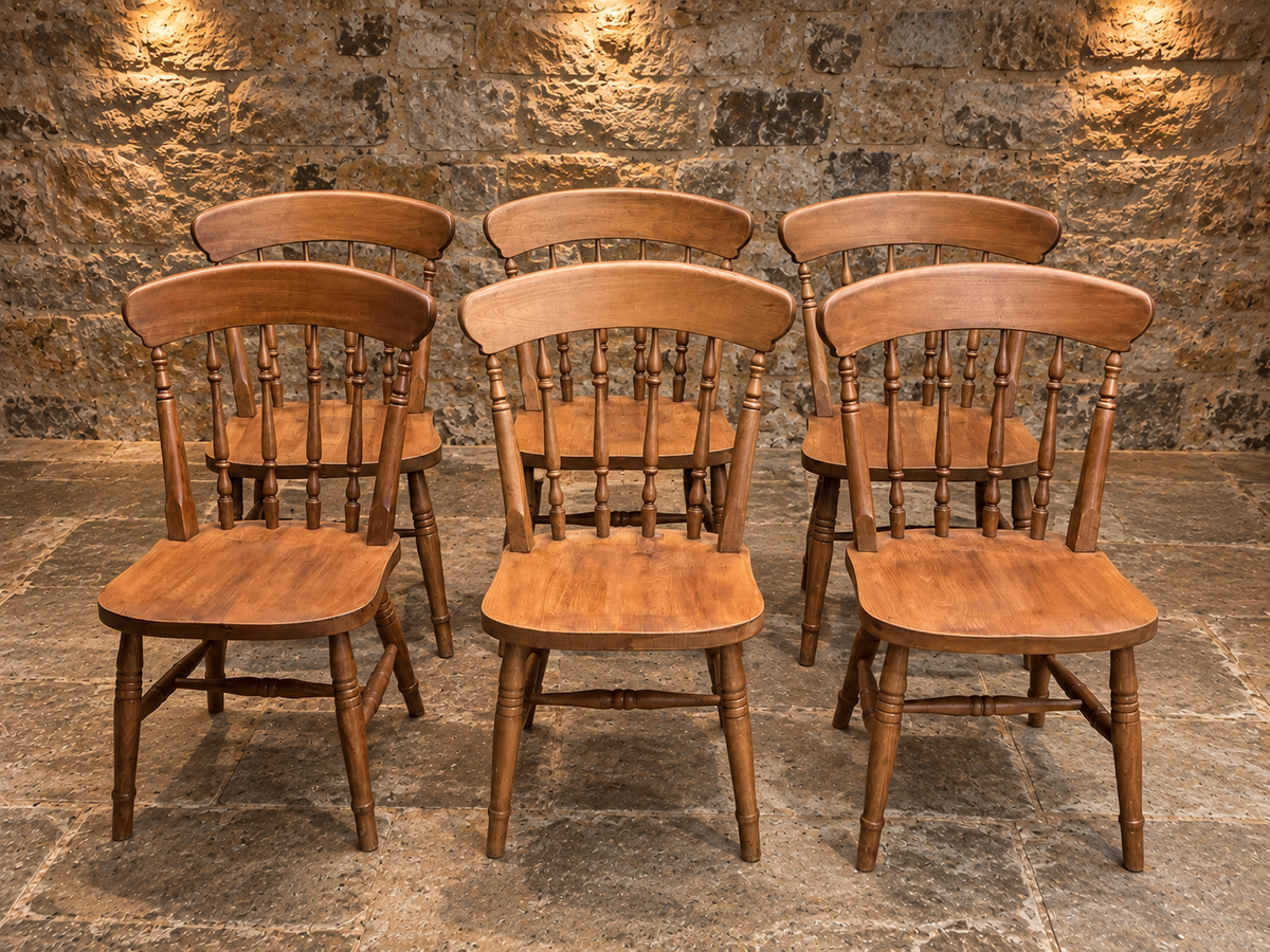 Set of 6 Vintage Windsor-Style Solid Wood Farmhouse Dining Chairs