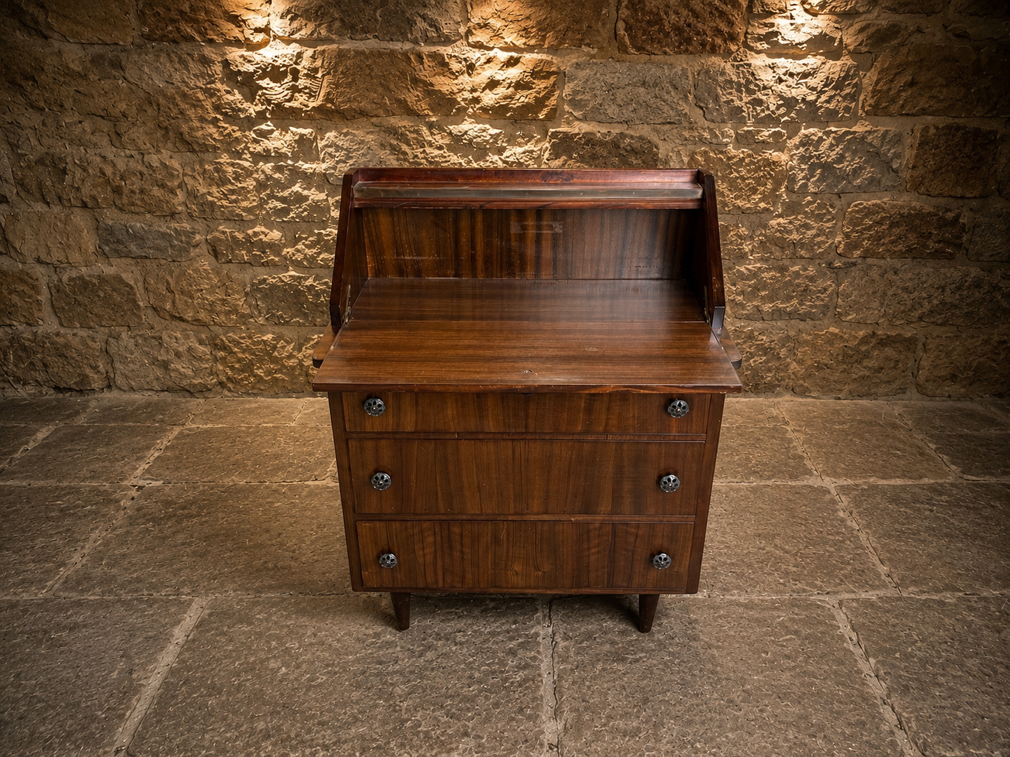 Mid Century Teak Bureau Chest with Fall Front Writing Desk