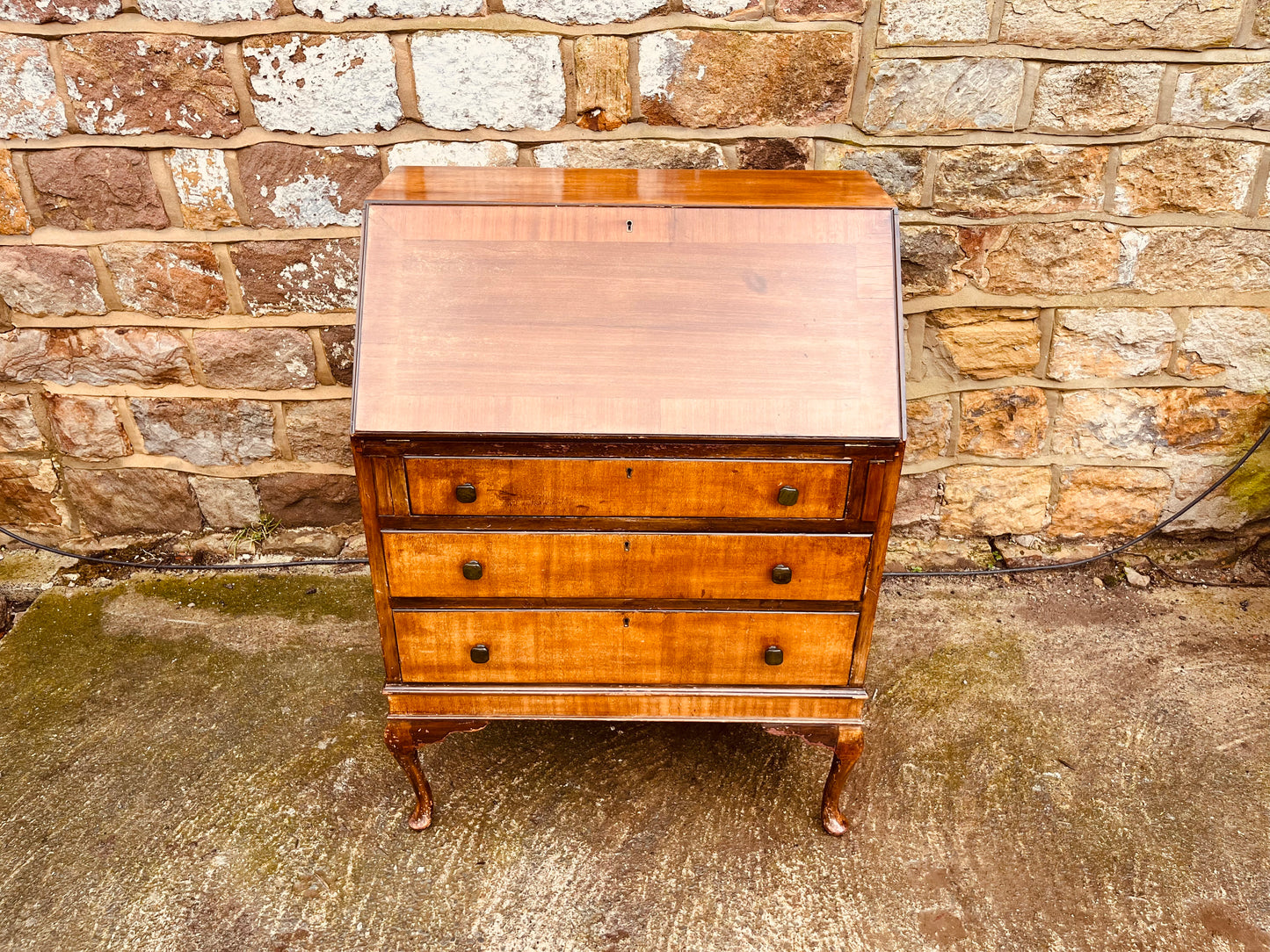 1930s Queen Anne Style Walnut Bureau Desk – Vintage Fall Front Writing Desk
