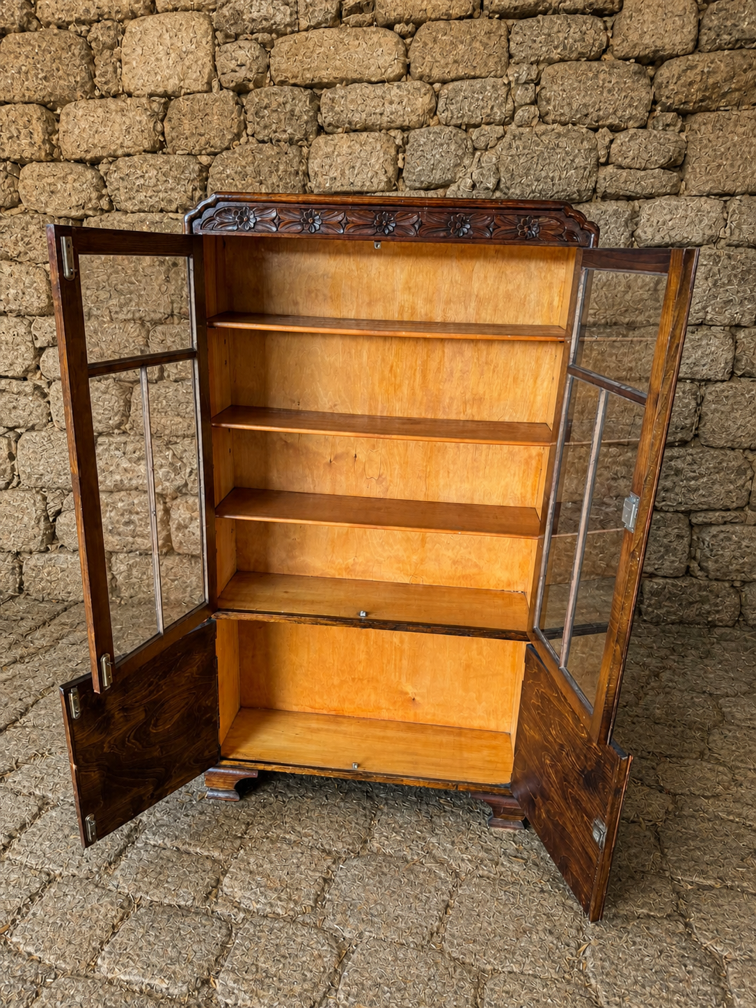 1930s Oak Glazed Bookcase | Vintage Display Cabinet with Carved Detail