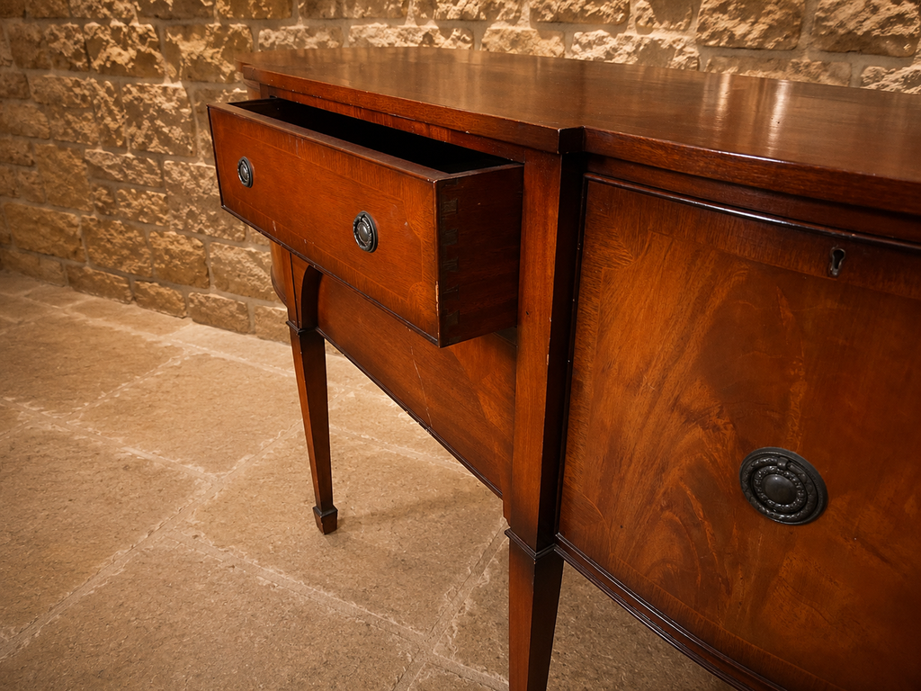 George III Style Figured Mahogany Serpentine Sideboard | Edwardian Antique Revival Buffet Cabinet