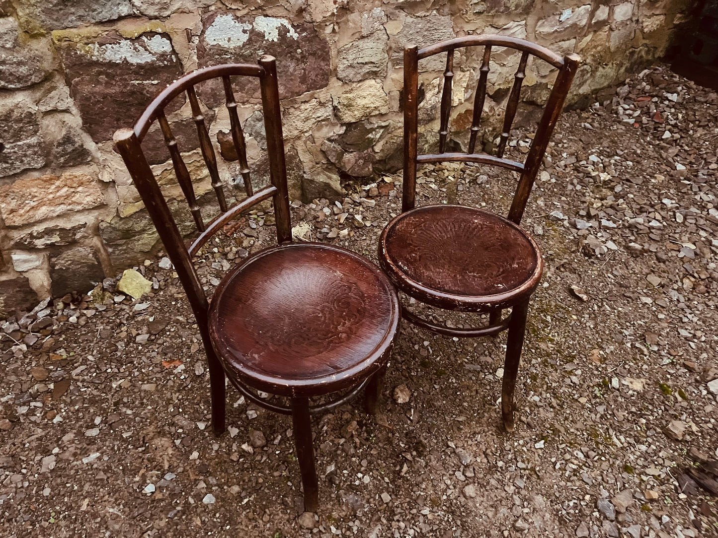 Pair of Vintage Bentwood Café Chairs with Embossed Seats