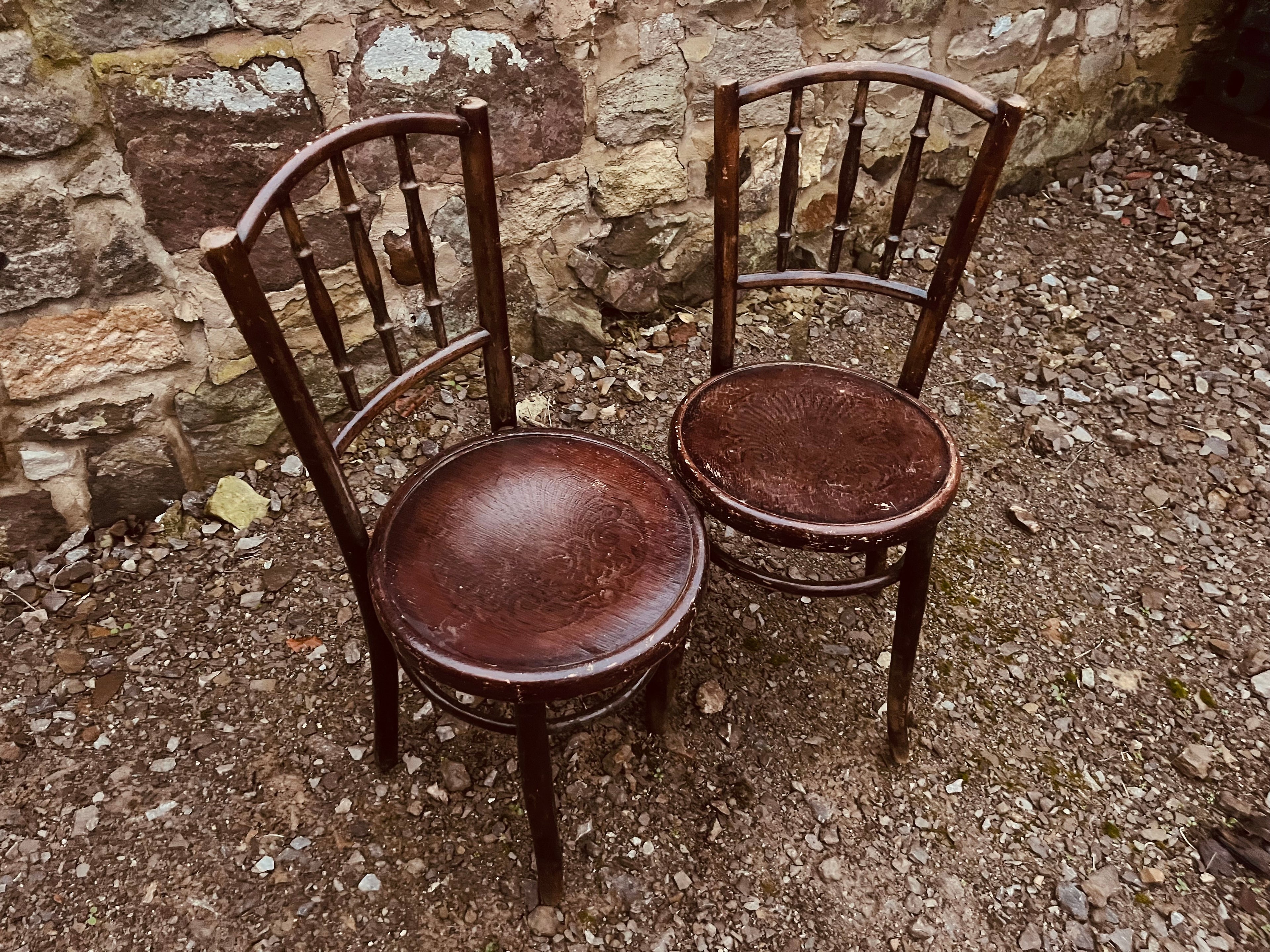 Pair of Vintage Bentwood Café Chairs with Embossed Seats