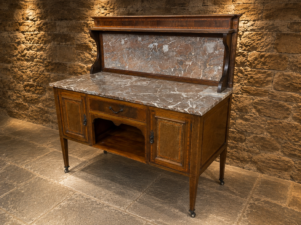 Antique Victorian Inlaid Marble Top Sideboard – Circa 1890