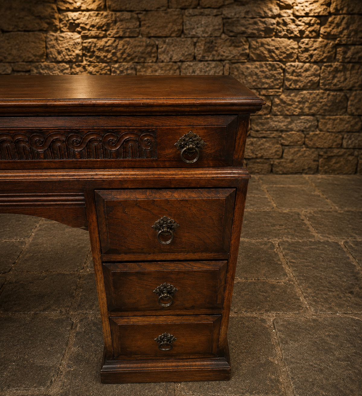 Antique Victorian Carved Oak Pedestal Writing Desk – Gothic Revival – Circa 1890