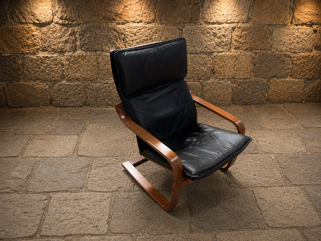 Vintage Scandinavian Bentwood Leather Lounge Chair | Black Leather Armchair | Mid-Century Modern Relaxing Chair | Circa 1978–1990