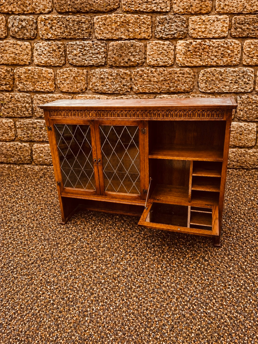 Vintage Oak Drinks Cabinet with Leaded Glass & Carved Detail