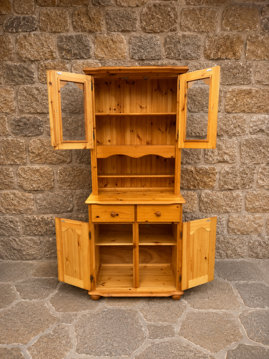 Vintage Pine Kitchen Dresser Cabinet | Rustic Farmhouse Display Unit | Country Cottage Glazed Storage Cupboard