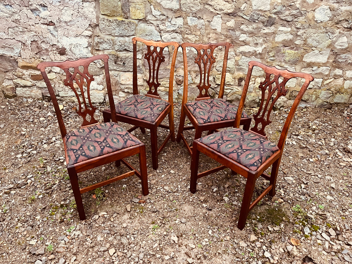 Vintage Dining Chairs – Set of 4 Chippendale Style Wooden Upholstered Chairs