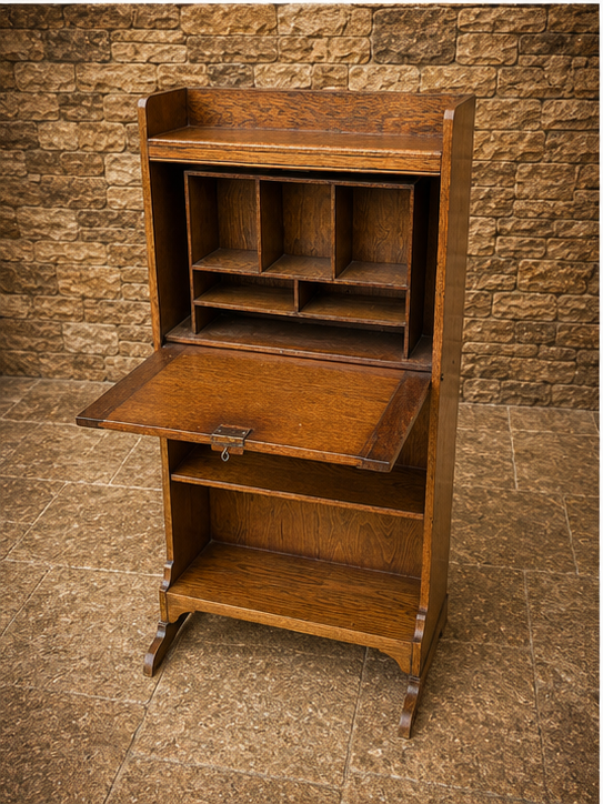 Antique Arts & Crafts Oak Bureau Bookcase – Early 20th Century Writing Cabinet