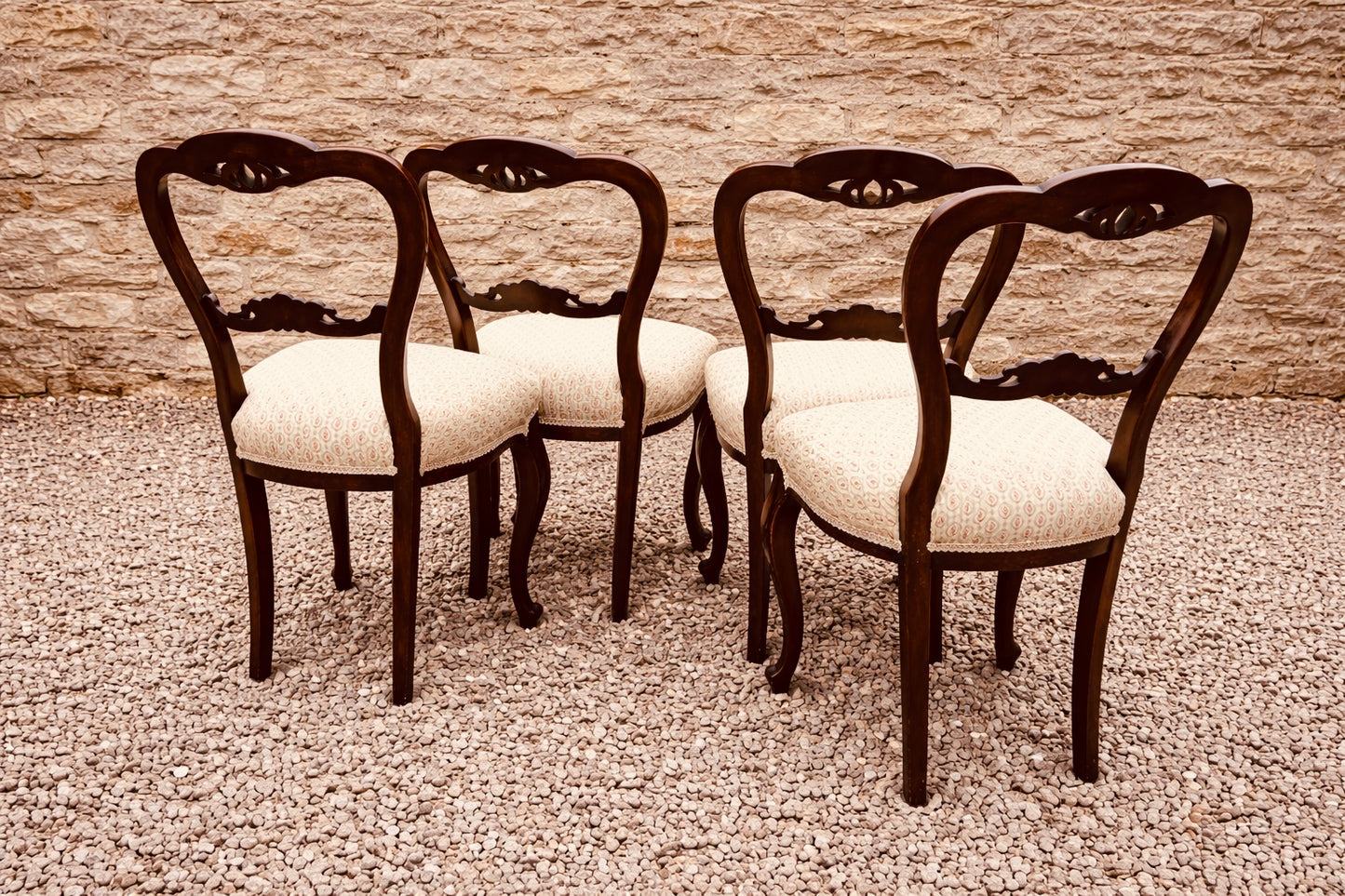 Set of 4 Vintage French Style Dining Chairs, Cabriole Leg Walnut Chairs, Louis XV Influence (1930s)